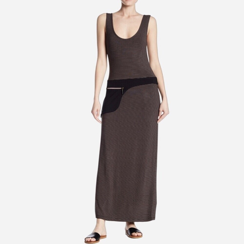Philosophy Apparel Striped Zippered Maxi Dress tan & black striped W/ Zip Pouch